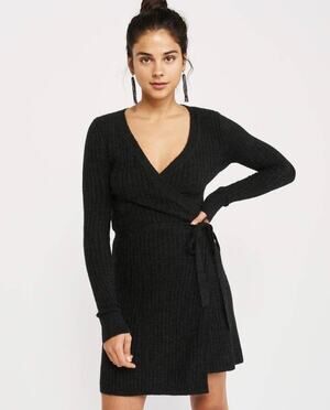 Abercrombie & Fitch Knit Wrap Dress Womens S Black Rib Knit V-Neck Tie Waist